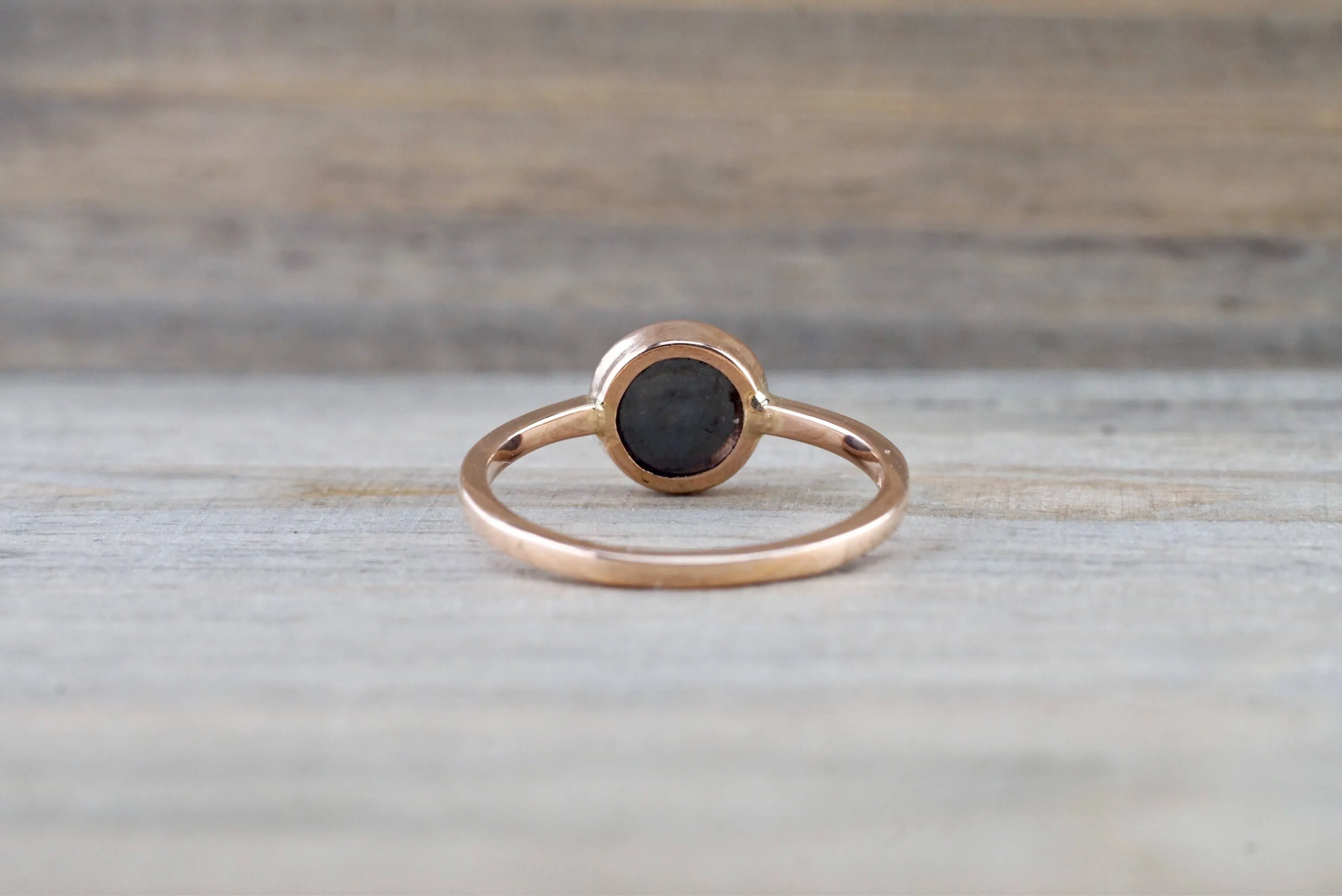 14k Rose Gold Round Bezel Rose Cut 1.58 carats Black Diamond Ring Solitaire