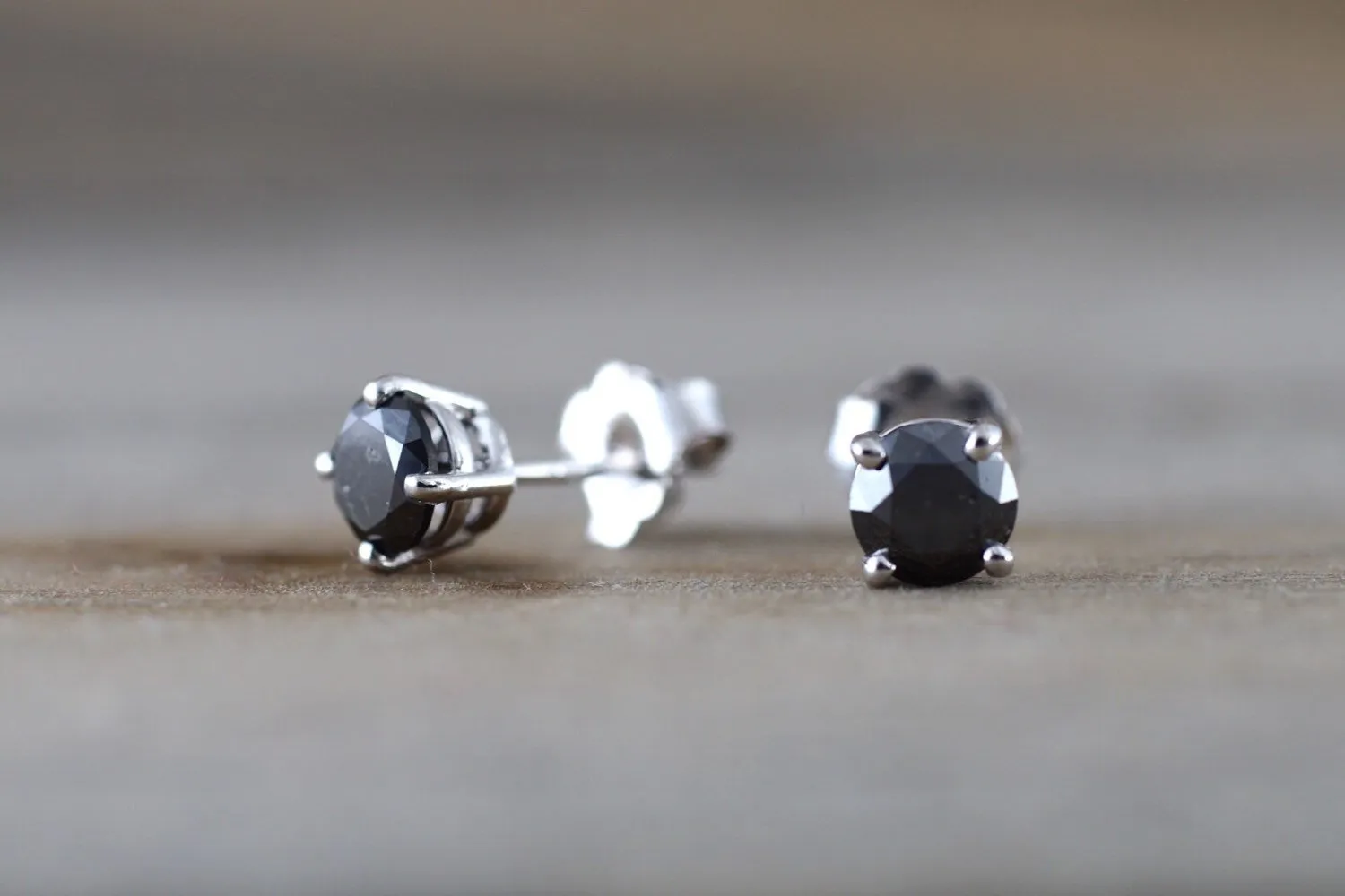 14k Solid White Gold Black Diamond Earring Studs Post Push Back Square