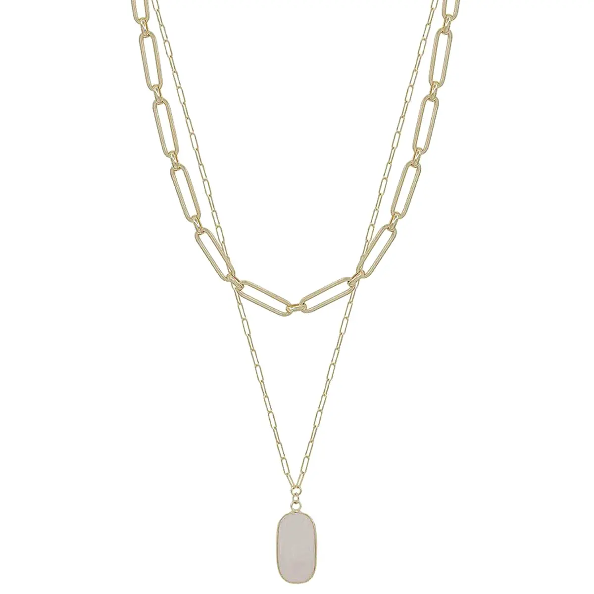 2 Layered Metal Chain Stone Pendant Necklace