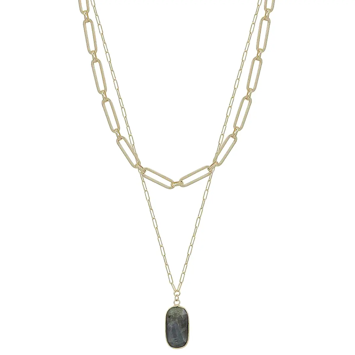 2 Layered Metal Chain Stone Pendant Necklace