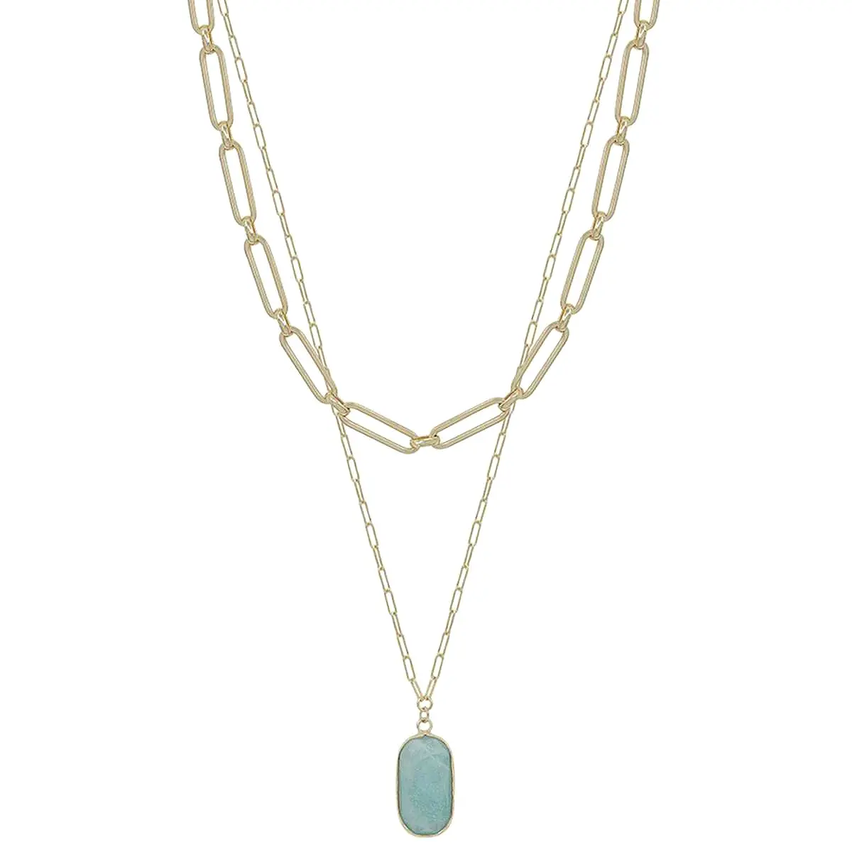 2 Layered Metal Chain Stone Pendant Necklace