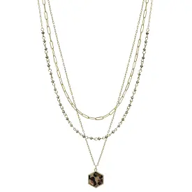 3 Layered Metal Crystal Bead Chain Hexagon Leopard Pendant Necklace