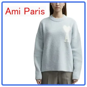 AMI PARIS  |Crew Neck Casual Style Wool Rib Long Sleeves Plain Logo