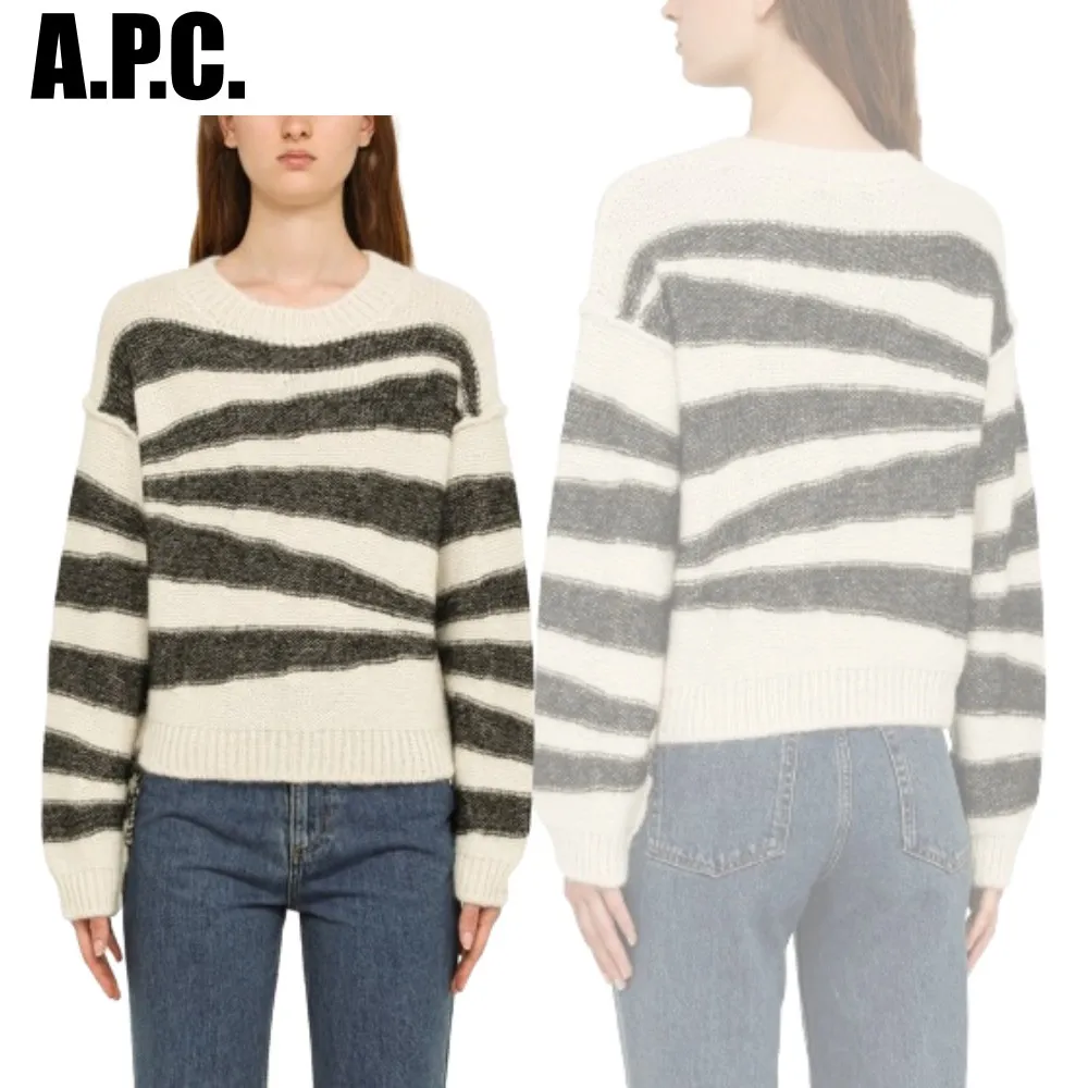 A.P.C.  |Crew Neck Zebra Patterns Rib Street Style Cotton