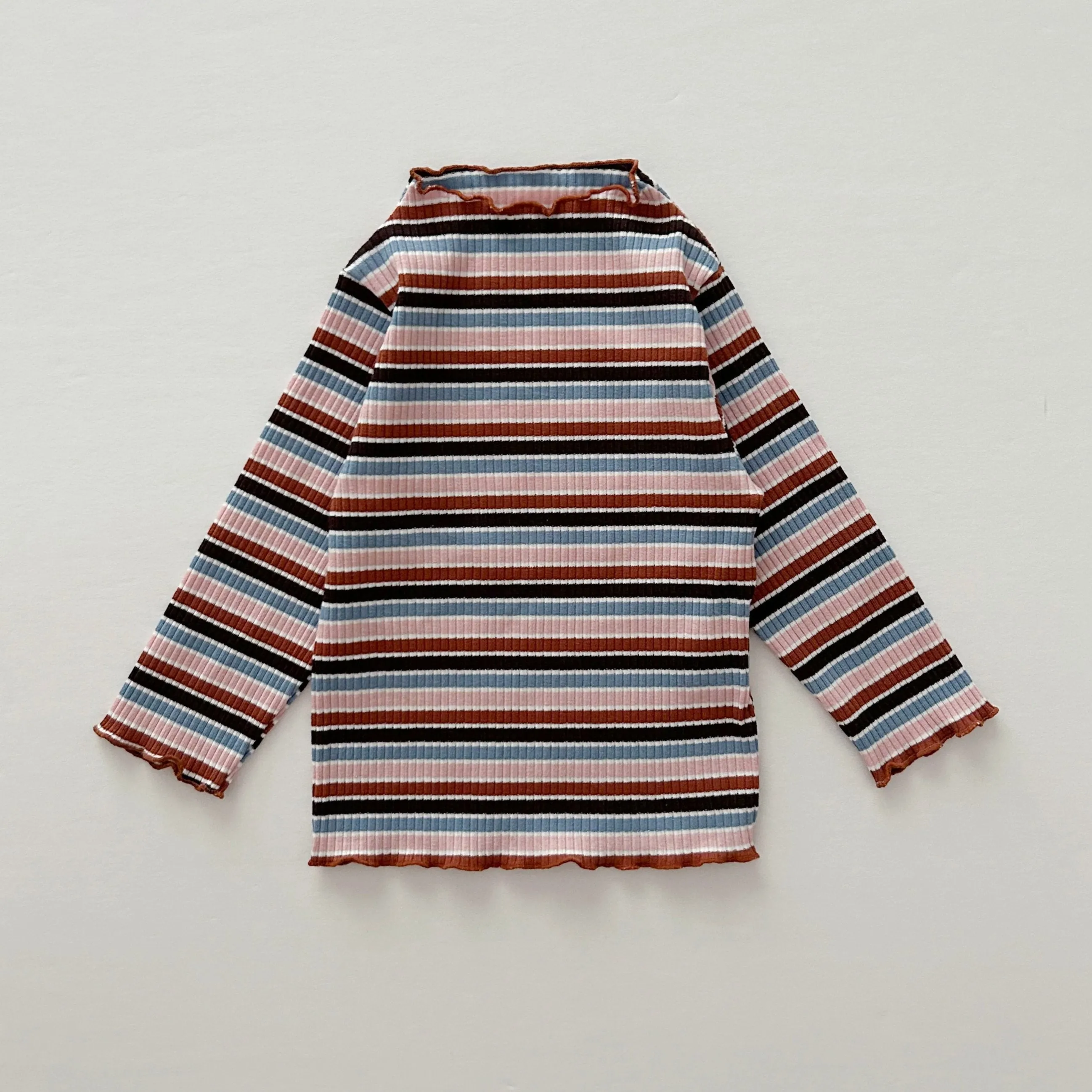 [At Noon Exclusive] Kids Cozy Ribbed Muti Stripe Lettuce-edge Top (6m-6y) - Stripe