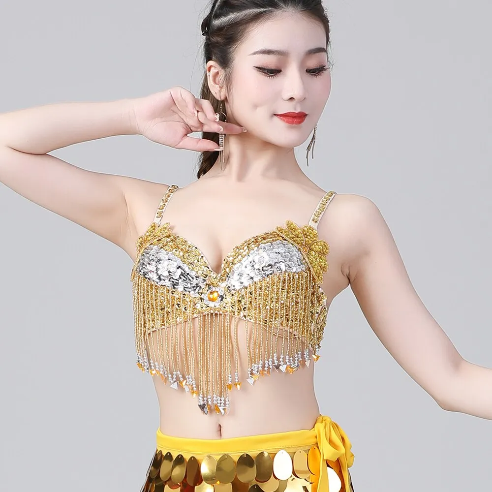 Belly Dance Rhinestone Indian Eastern Competition Sequin Beaded Fringe Shiny Crop Top Costume