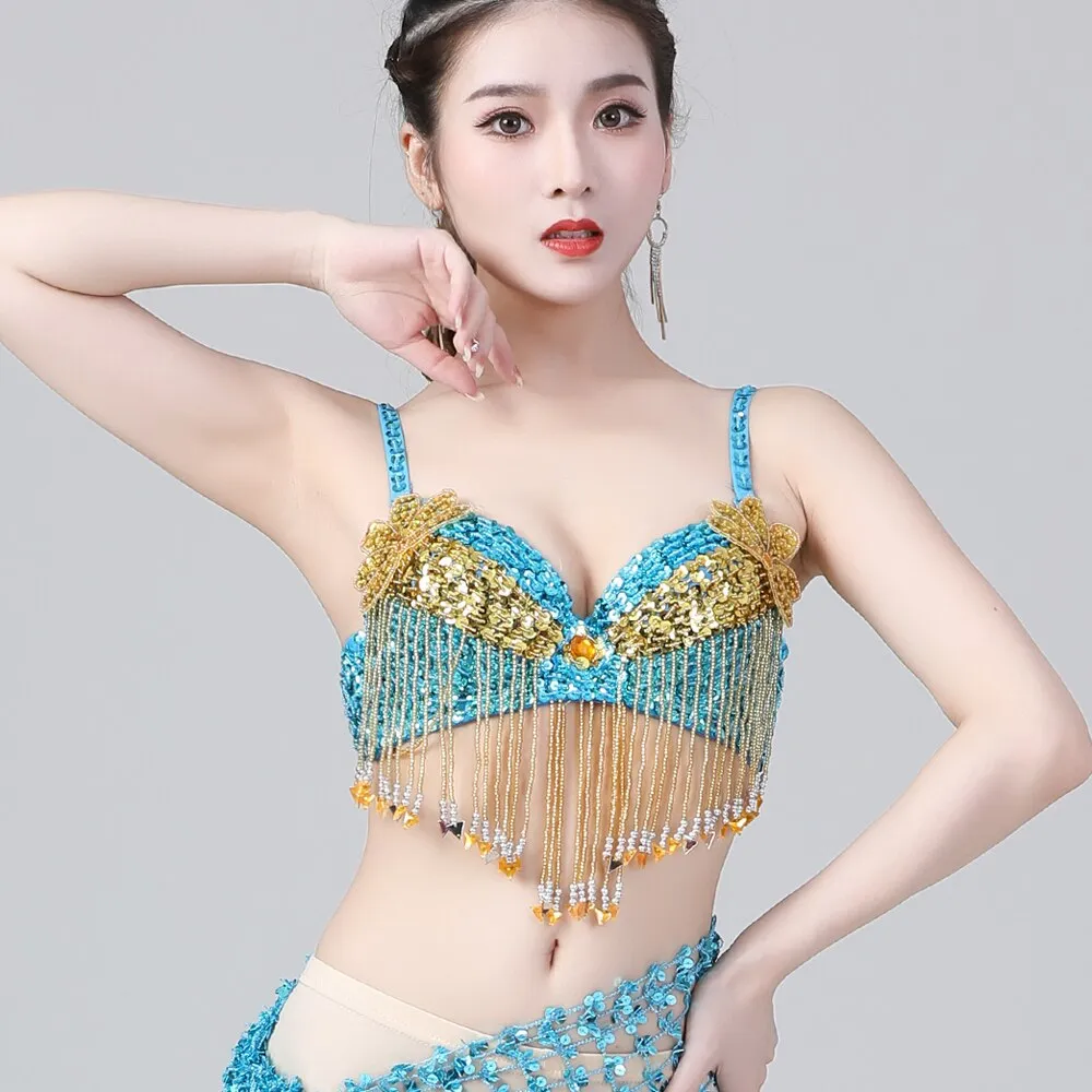 Belly Dance Rhinestone Indian Eastern Competition Sequin Beaded Fringe Shiny Crop Top Costume