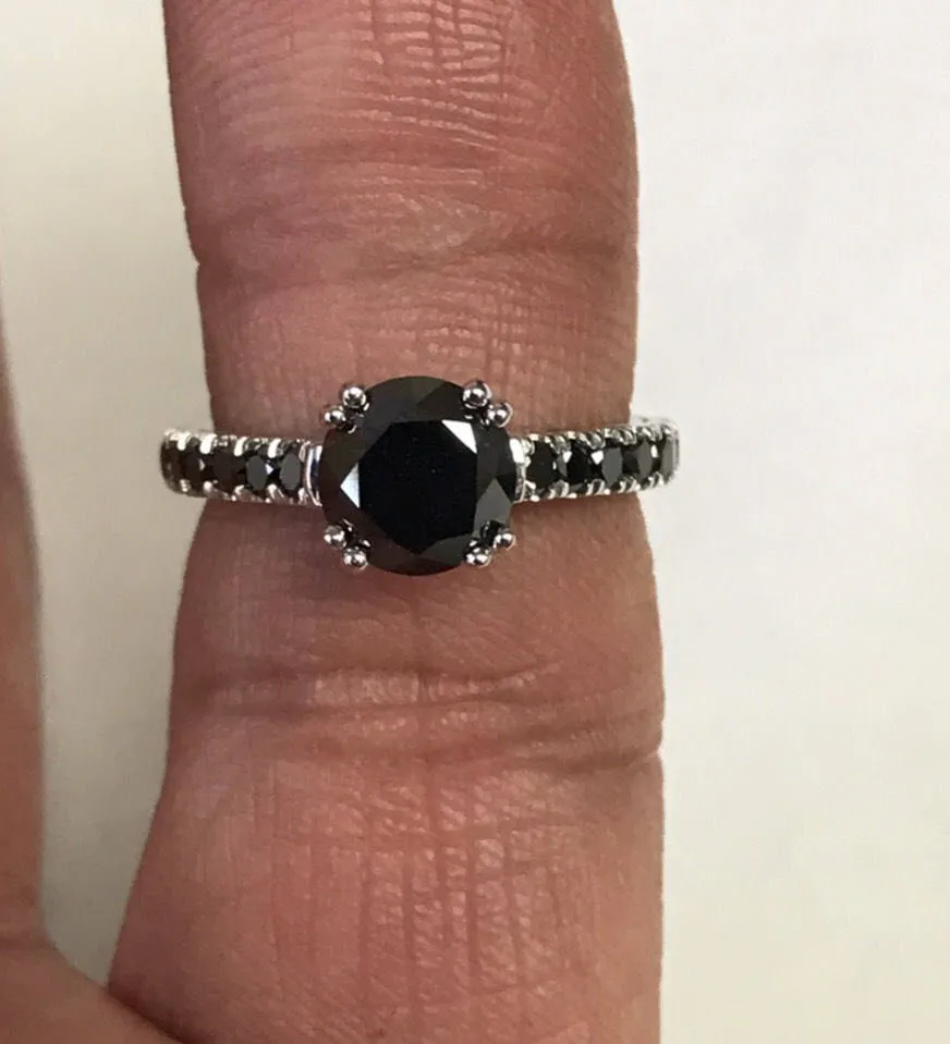 Black Diamond Engagement Ring Weding Ring 14K White Gold Ring with 7mm Round Natural Black Diamond Center Fine Jewelry Anniversa