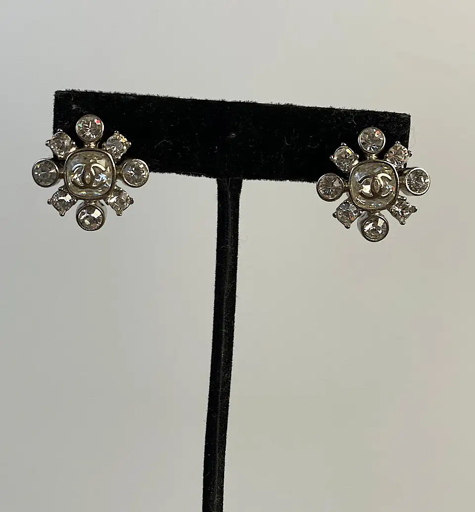 Chanel 06A 2006 Fall Silver Tone Pierced Stud Crystal CC Earrings