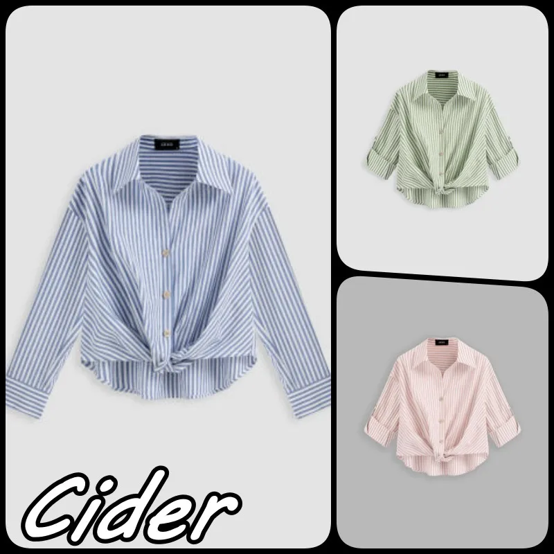 Cider  |Stripes Casual Style Long Sleeves Cotton Oversized