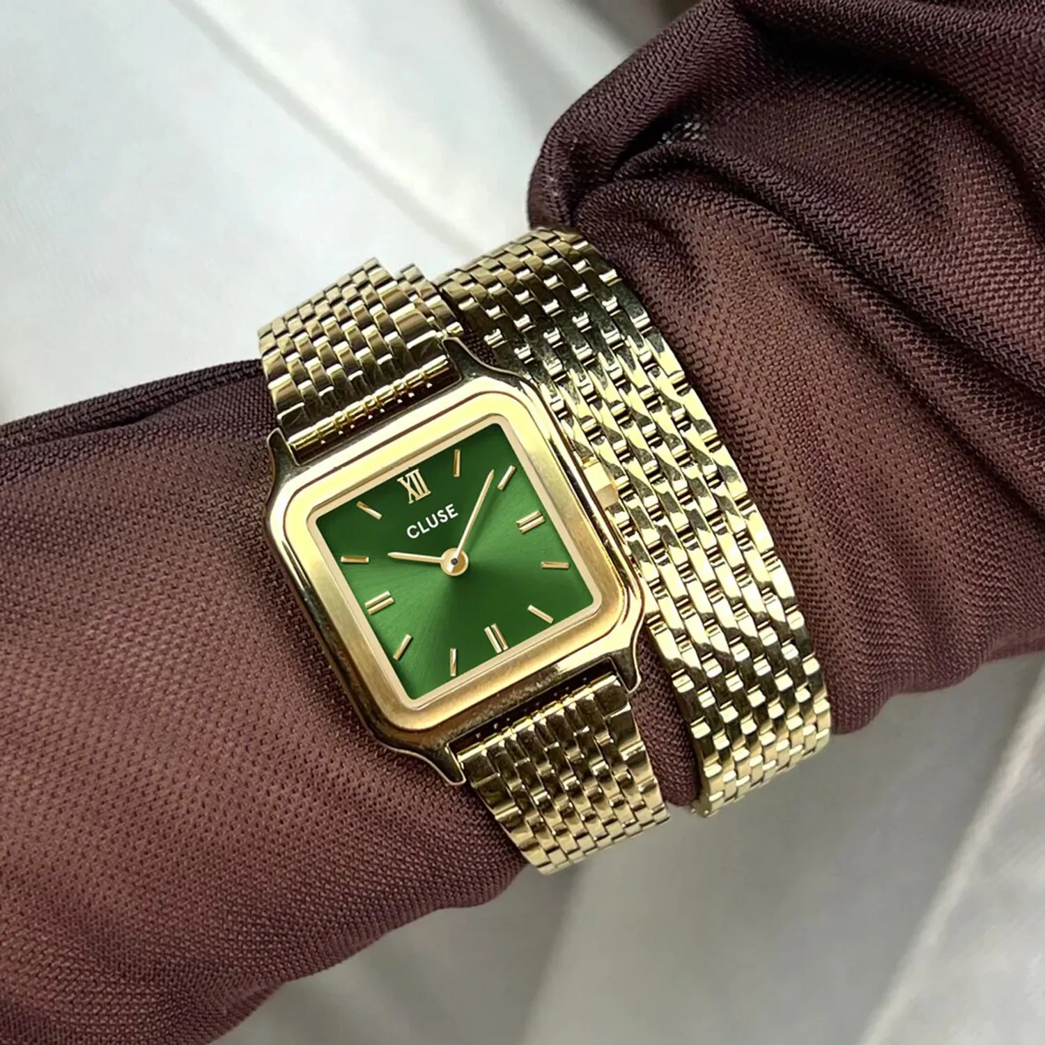 Cluse Gracieuse Petite Double Strap Watch, Gold & Green