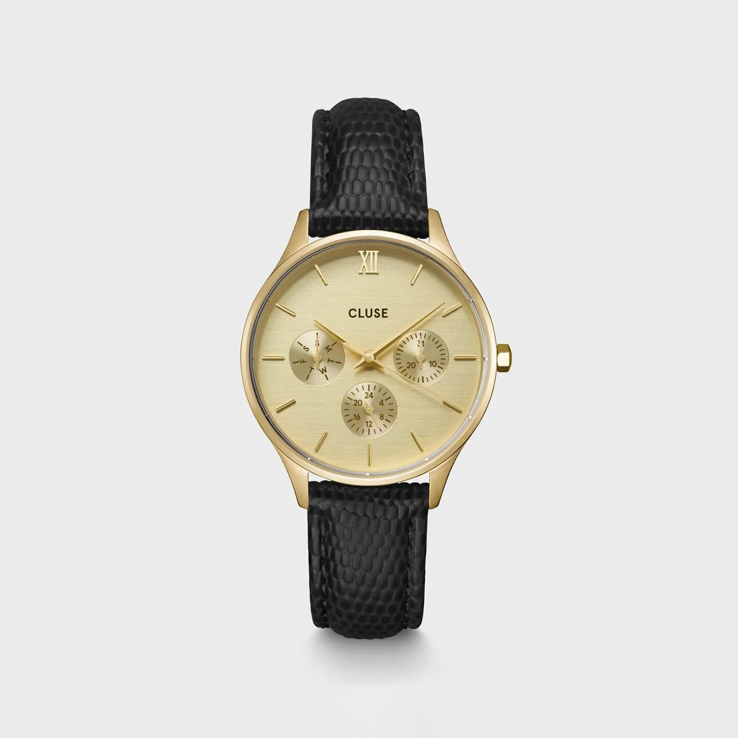 Cluse Minuit Multifunction Leather Strap Watch, Gold & Black