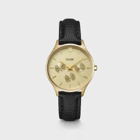 Cluse Minuit Multifunction Leather Strap Watch, Gold & Black