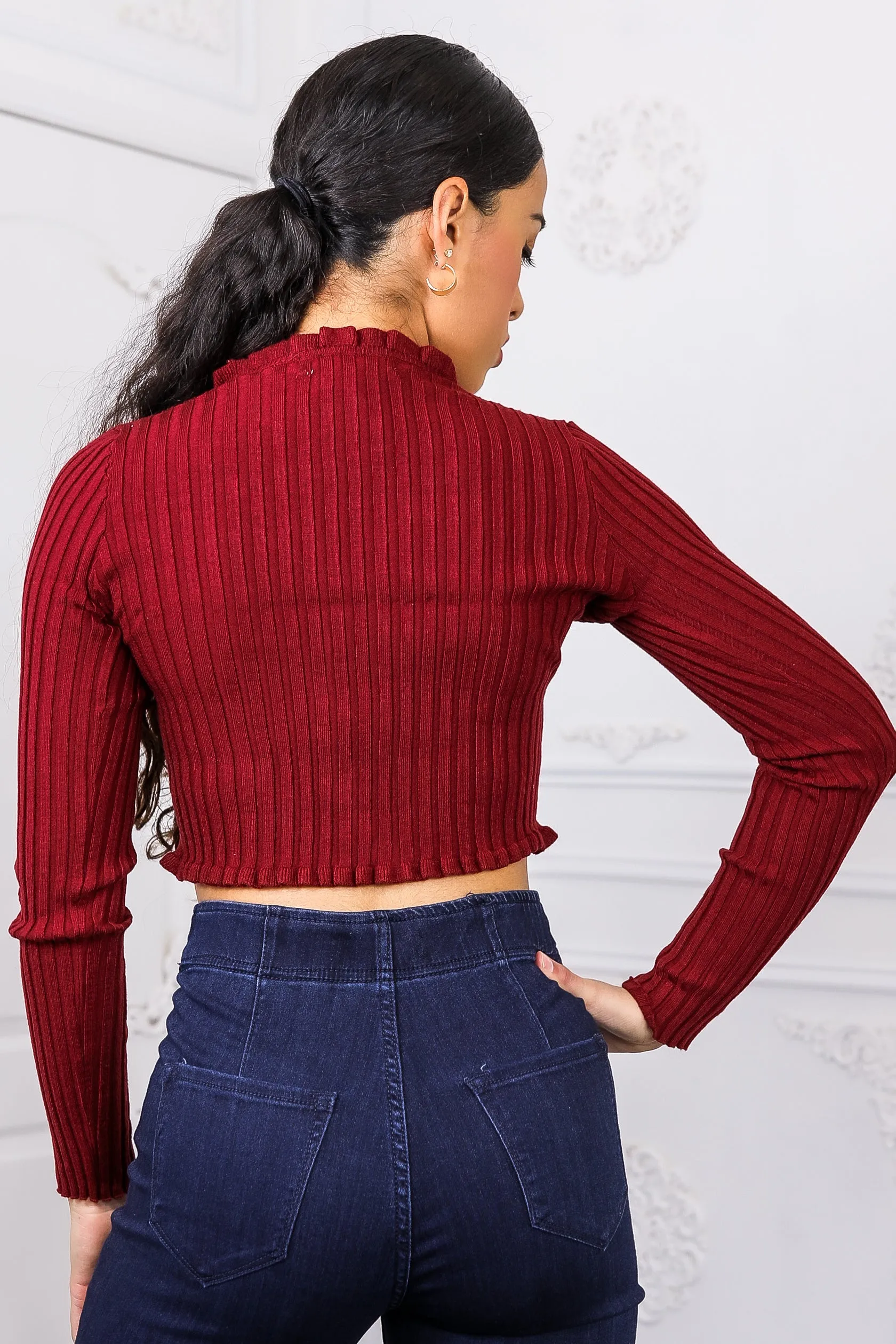 Deena Long Sleeves Ribbed Button Crop Top