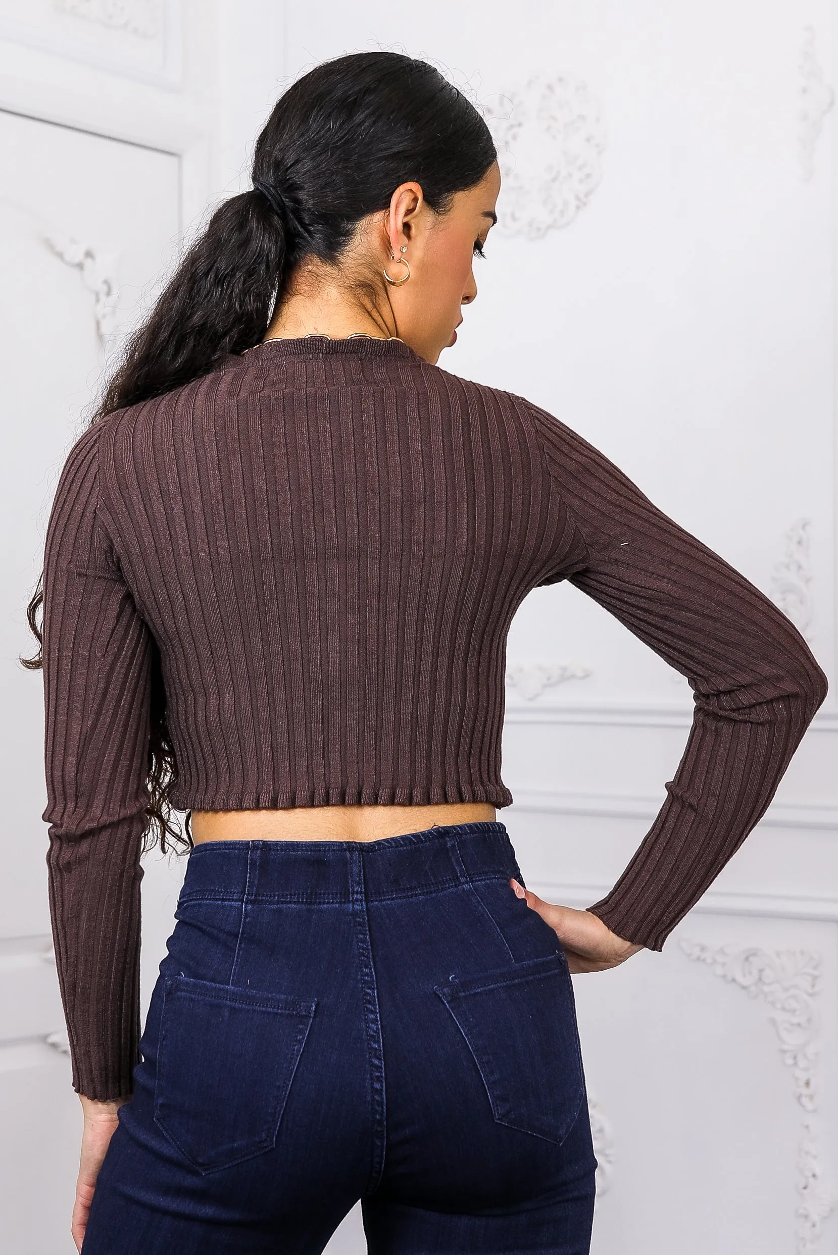 Deena Long Sleeves Ribbed Button Crop Top