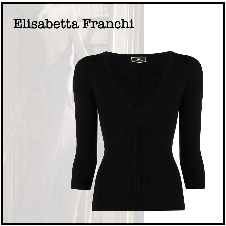 ELISABETTA FRANCHI  |Casual Style Silk V-Neck Long Sleeves Plain Elegant Style