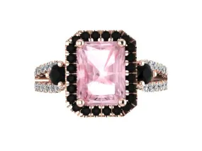 Emerald Cut Pink Morganite Engagement Ring Black Diamond Halo Morganite Ring Stone Custom Engagement Ring 14K Rose Gold Engageme