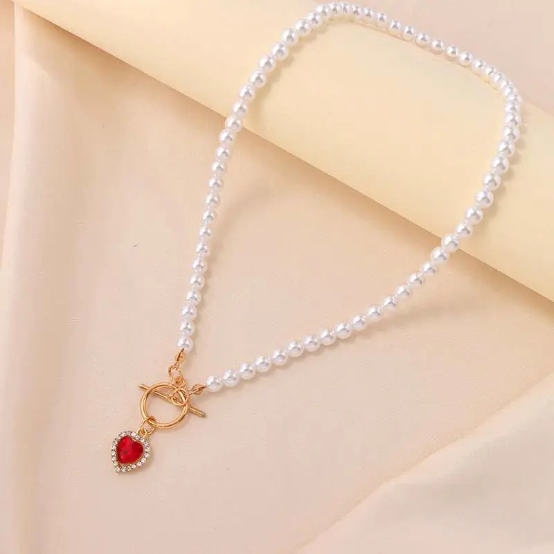 Faux Pearl Chain Rhinestone Heart Pendant Necklaces