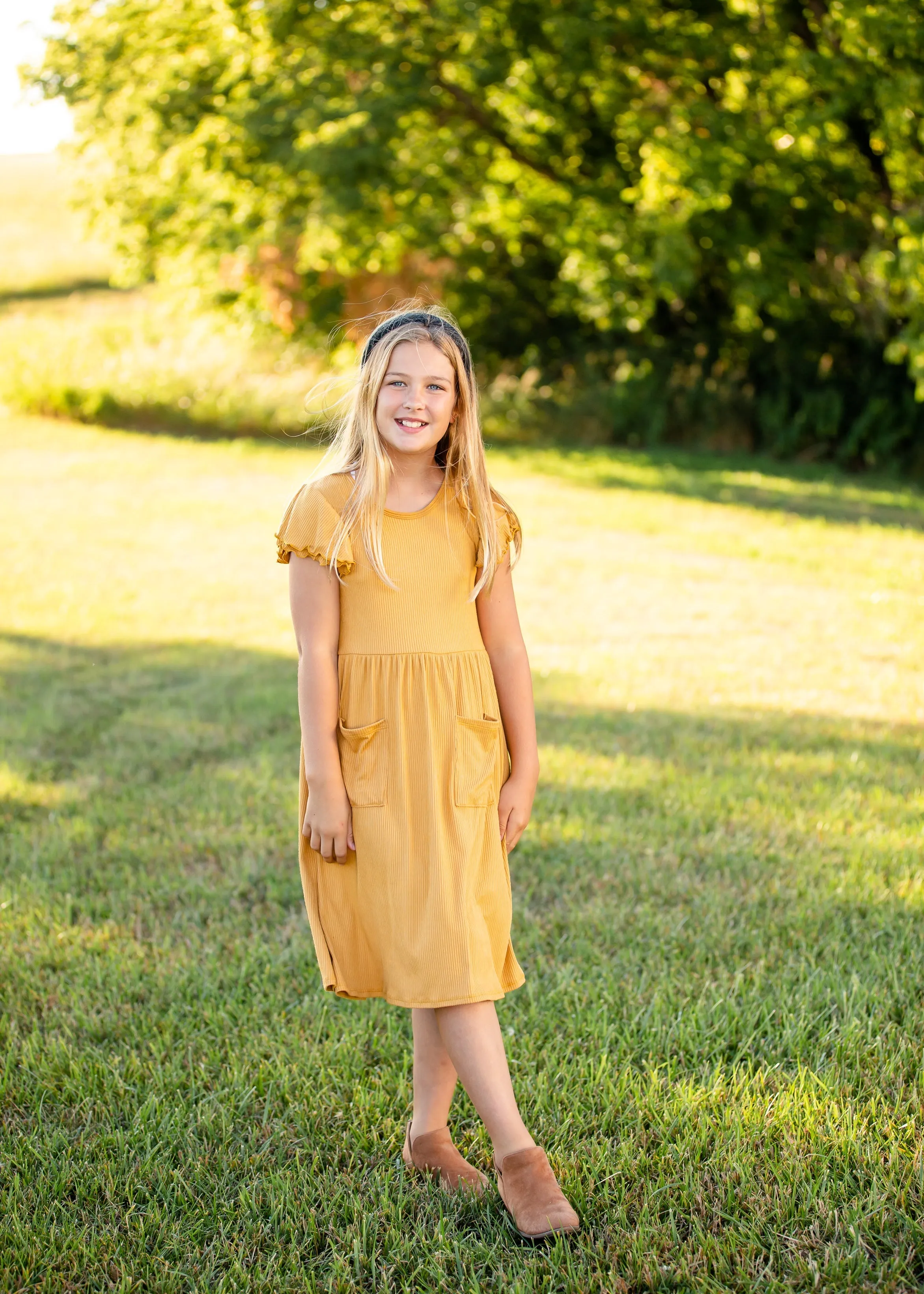 Girls Mustard Ribbed Ruffle Sleeve Midi Dress