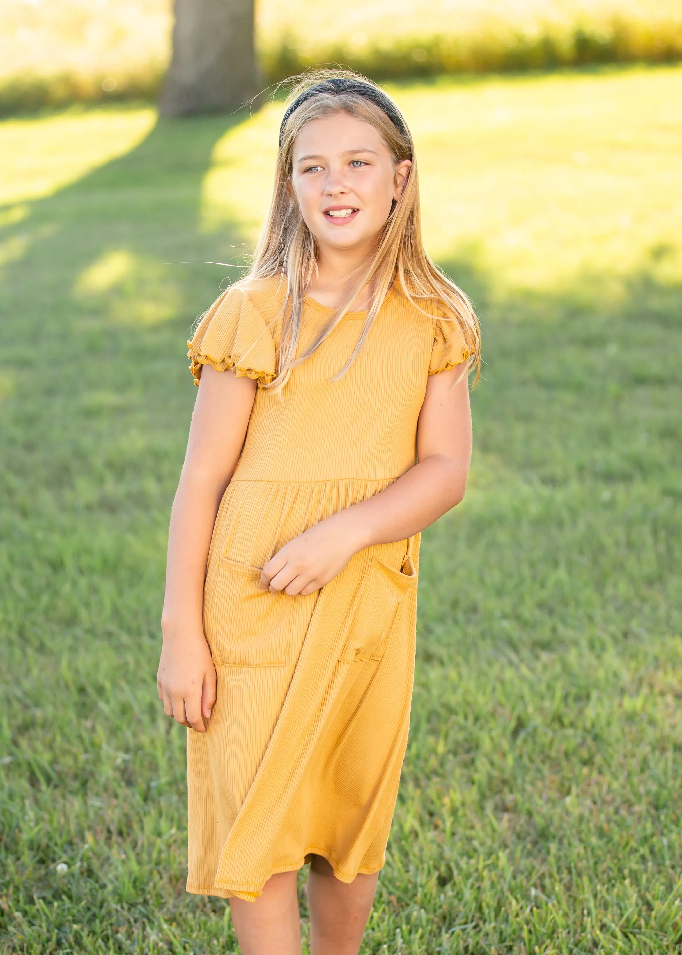 Girls Mustard Ribbed Ruffle Sleeve Midi Dress