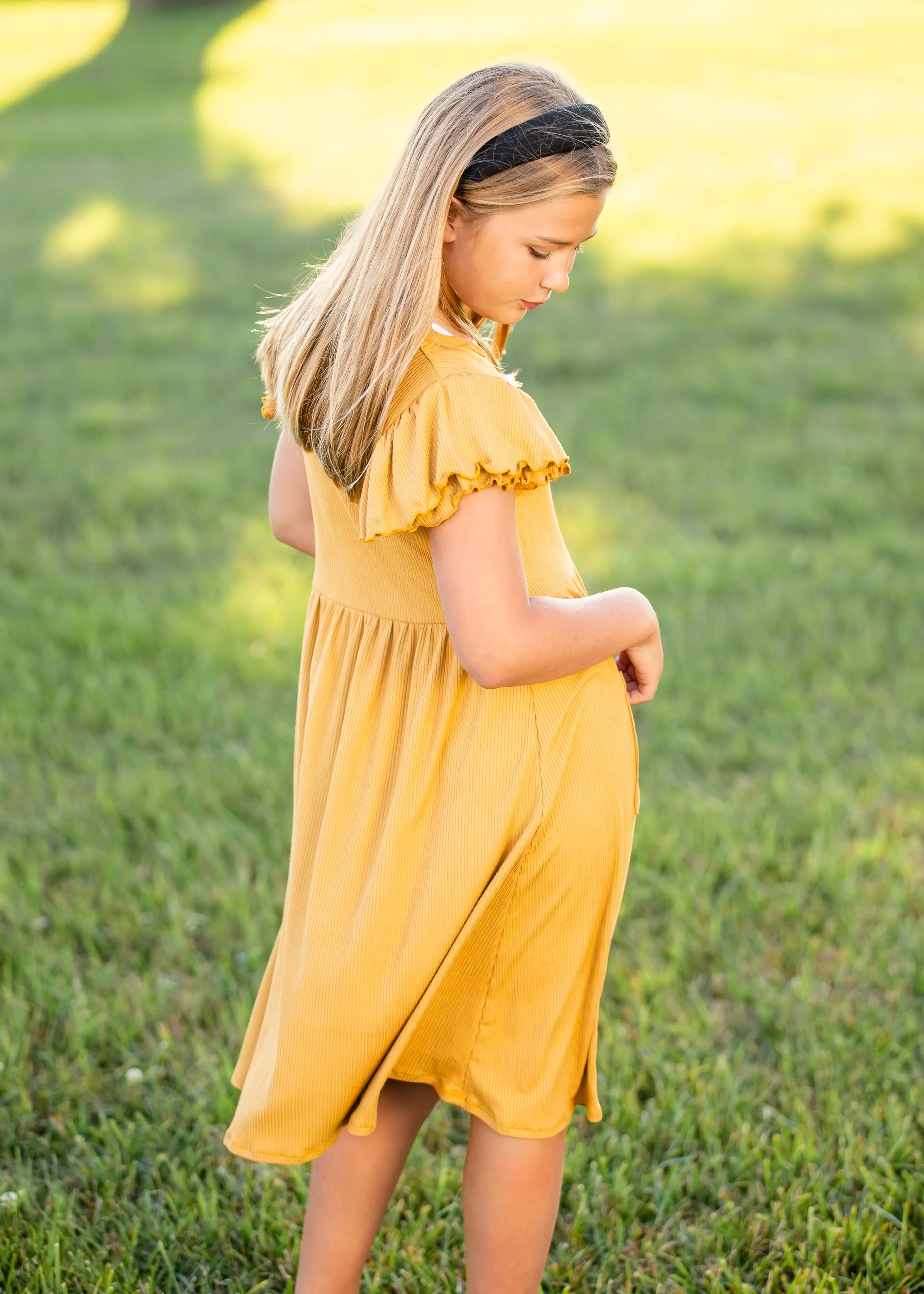 Girls Mustard Ribbed Ruffle Sleeve Midi Dress