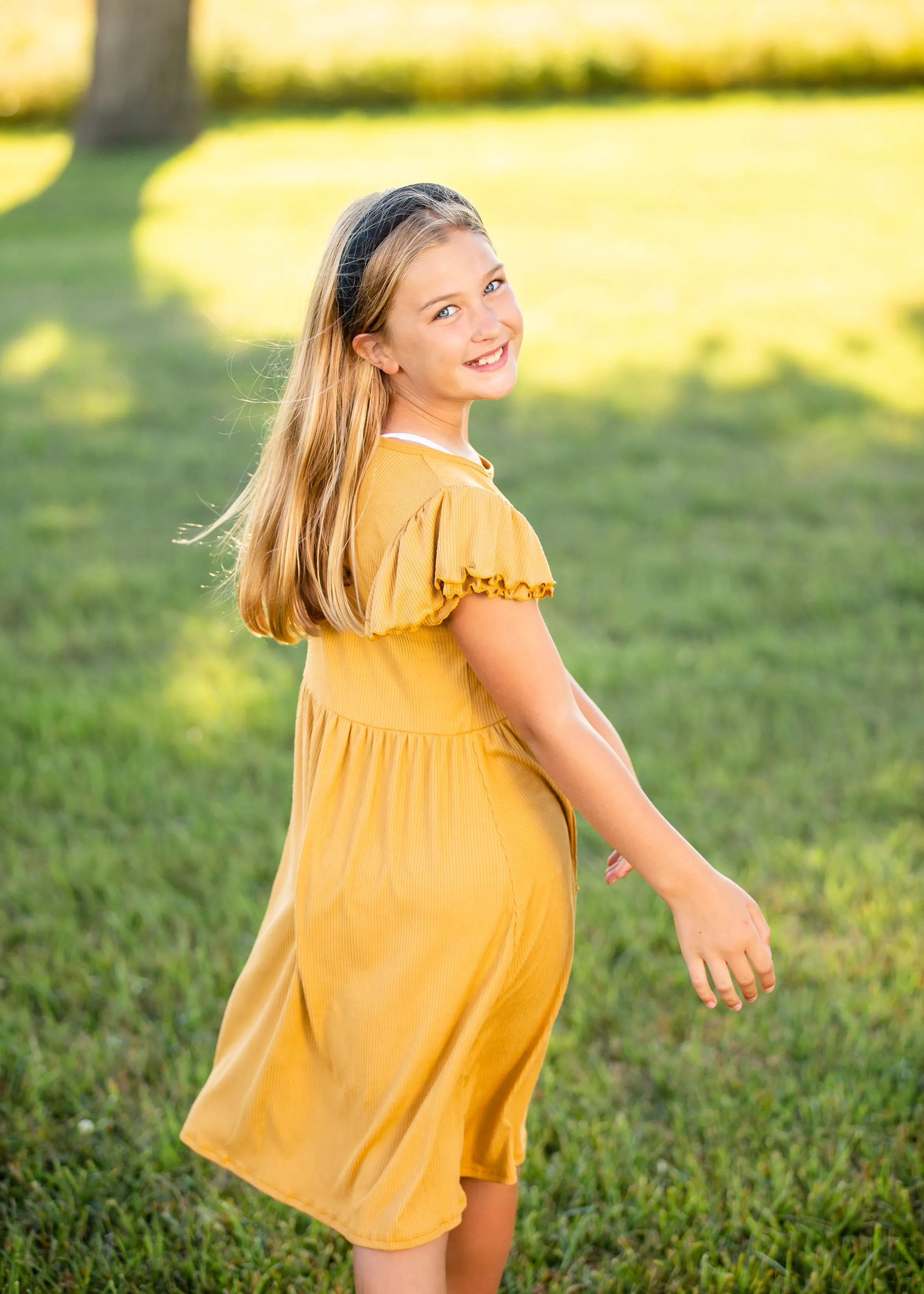 Girls Mustard Ribbed Ruffle Sleeve Midi Dress