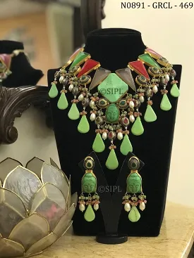 Green Buddha , Designer Statement Necklace Set for women -RADH001GB