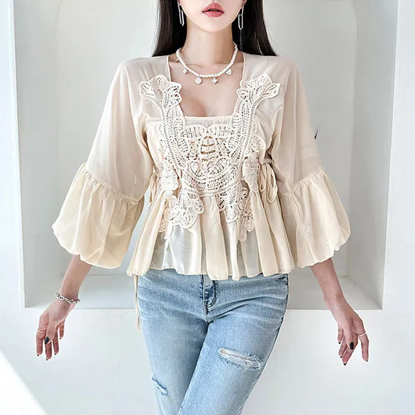 gumzzi  |Casual Style Chiffon Cropped Plain Office Style Puff Sleeves