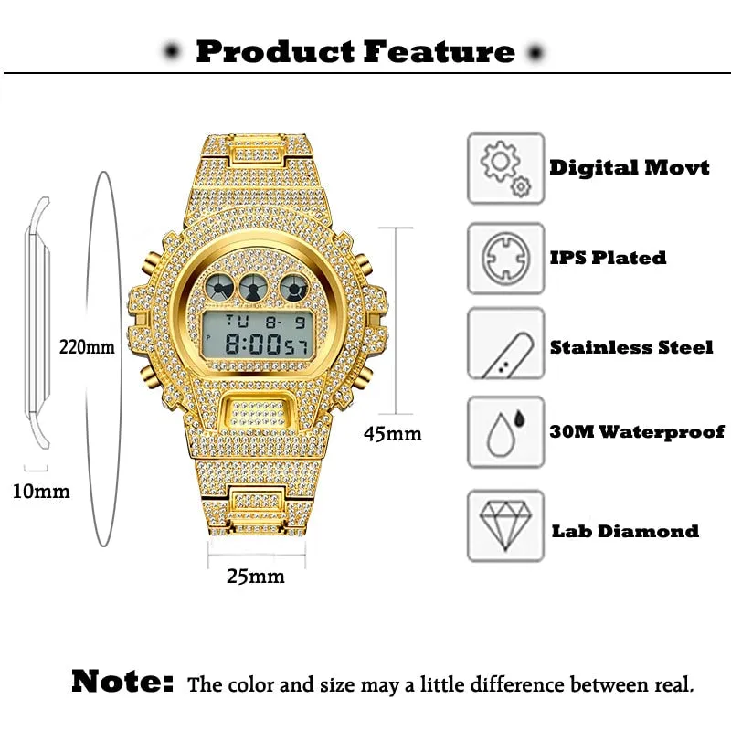 Hip Hop Men's Stainless Steel Multi Function Digital LED Iced Out Watch