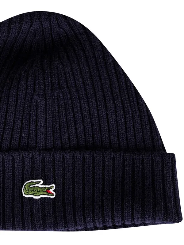 Lacoste Ribbed Embroidered Logo Beanie - Blue Marine