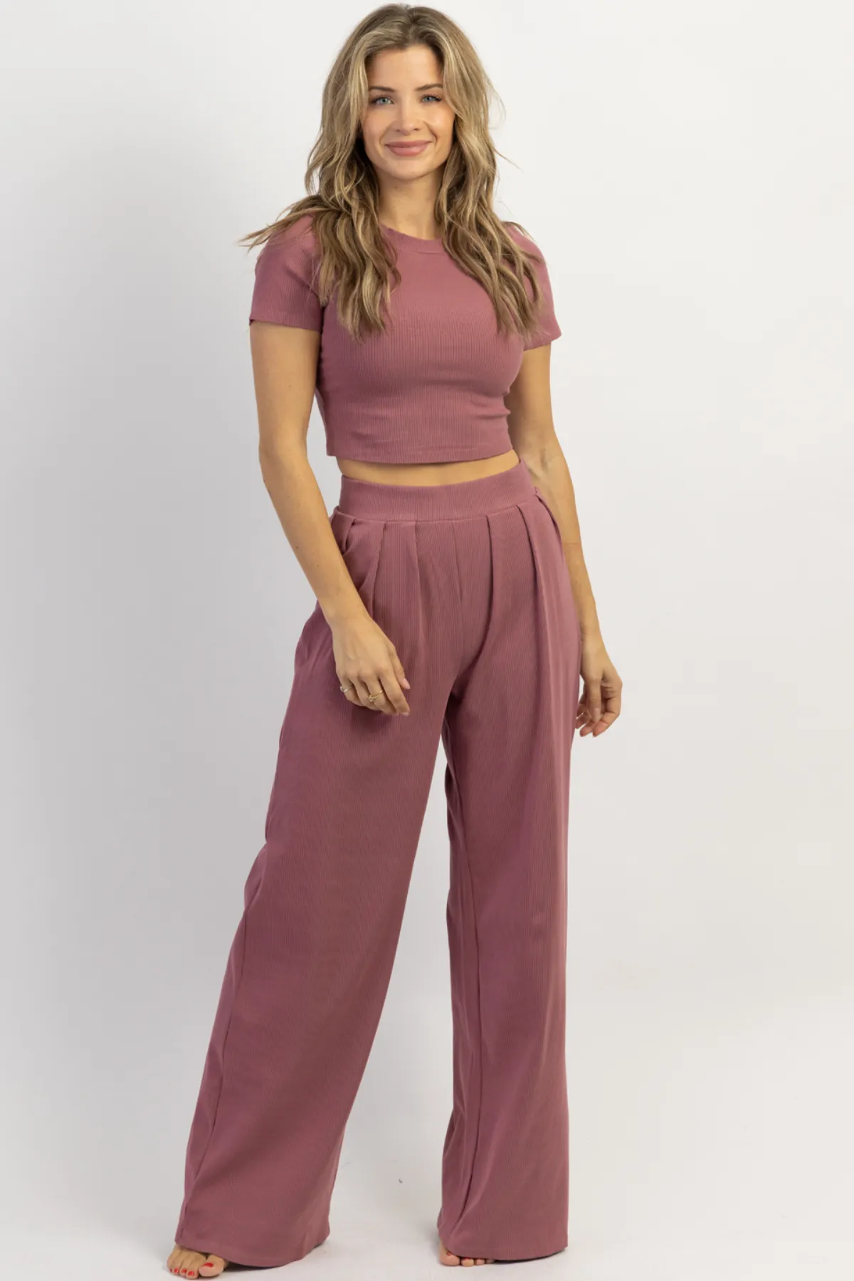 MAUVE RIBBED PALAZZO PANT SET