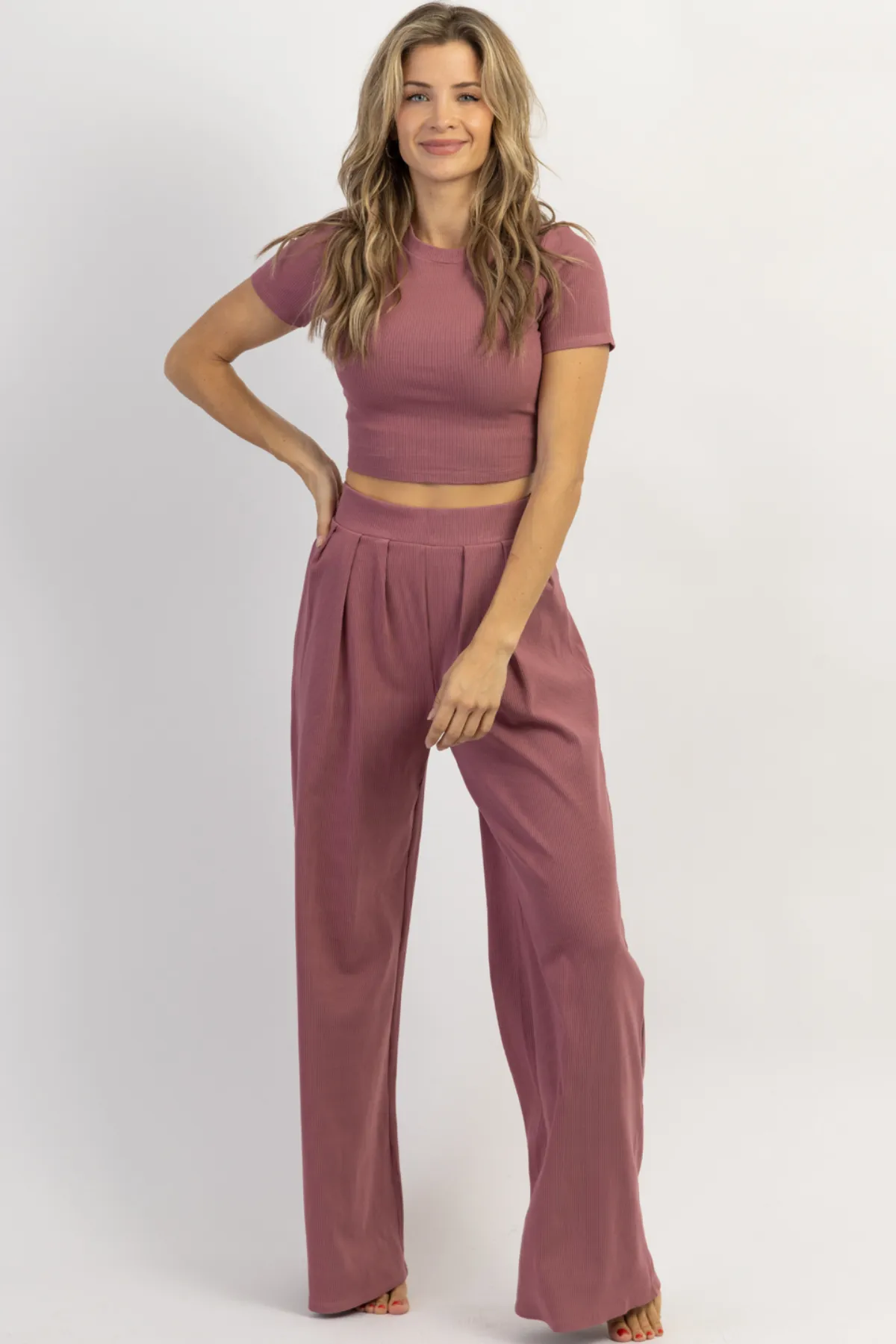 MAUVE RIBBED PALAZZO PANT SET