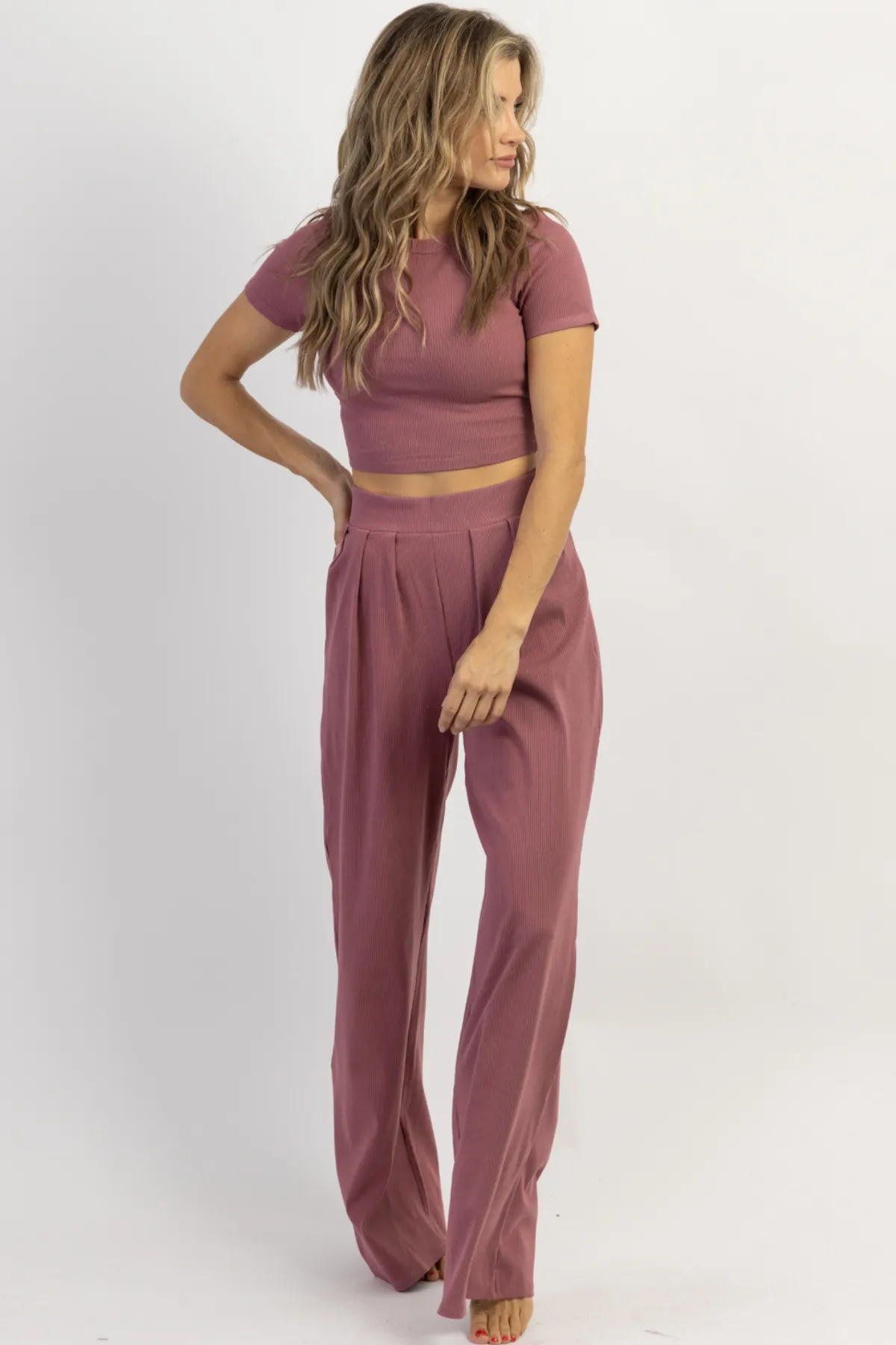 MAUVE RIBBED PALAZZO PANT SET