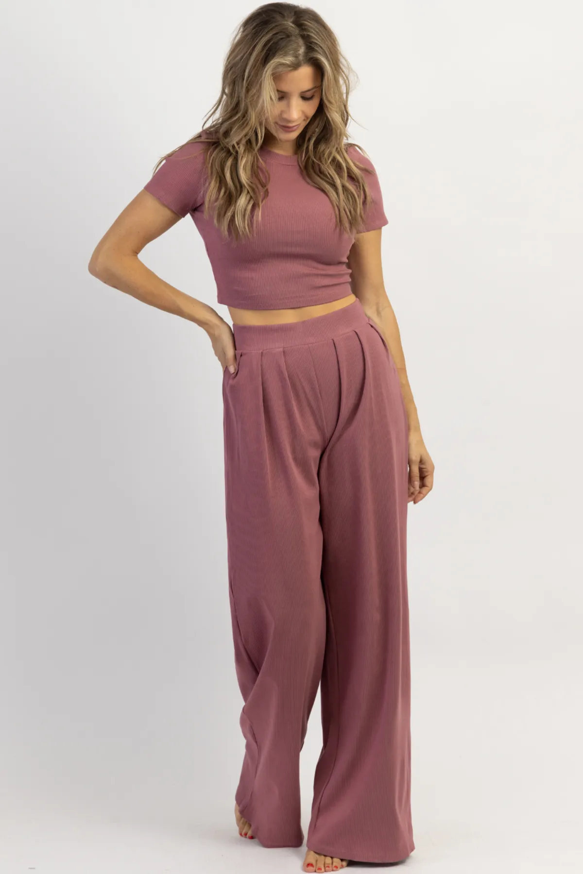 MAUVE RIBBED PALAZZO PANT SET