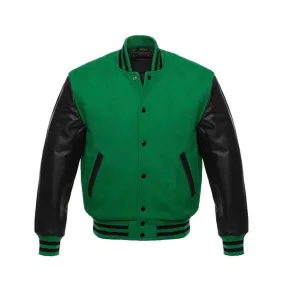 Men's Letterman Wool and Leather Varsity Jacket with Ribbed Cuffs - Green