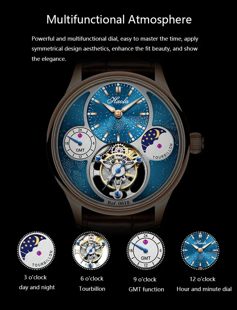 Men's Manual Tourbillon Mechanical Luxury Sapphire Moonphase Business Watch