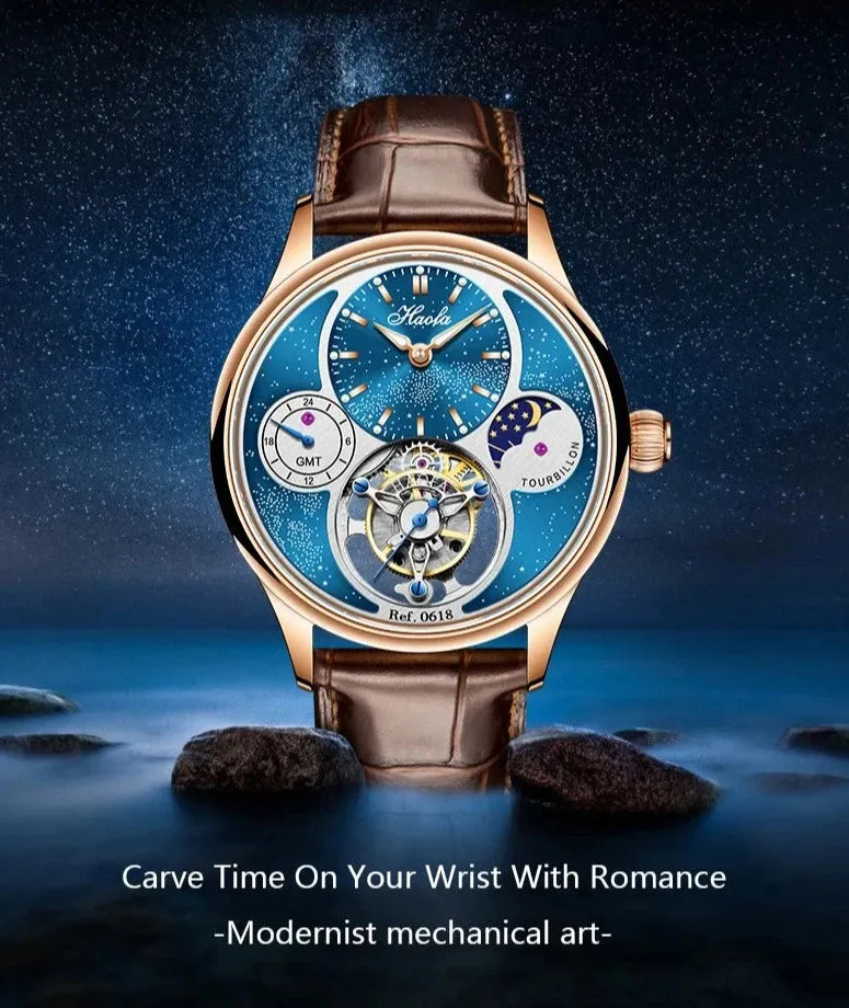 Men's Manual Tourbillon Mechanical Luxury Sapphire Moonphase Business Watch