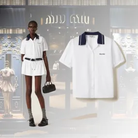 MiuMiu  |Casual Style Cotton Short Sleeves Elegant Style Bridal Logo