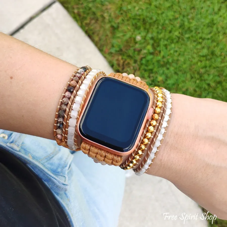 Natural Selenite & Sunstone Beaded Apple Watch Band