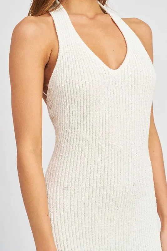 Nayeli Knit Ribbed Halter Bodycon Midi Dress - White