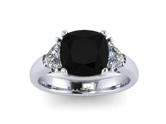 Platinum Engagement Ring Natural Cushion Cut Black Diamond Engagement Ring w/2 Trillion Cut Forever Brilliant Moissanite Side-St