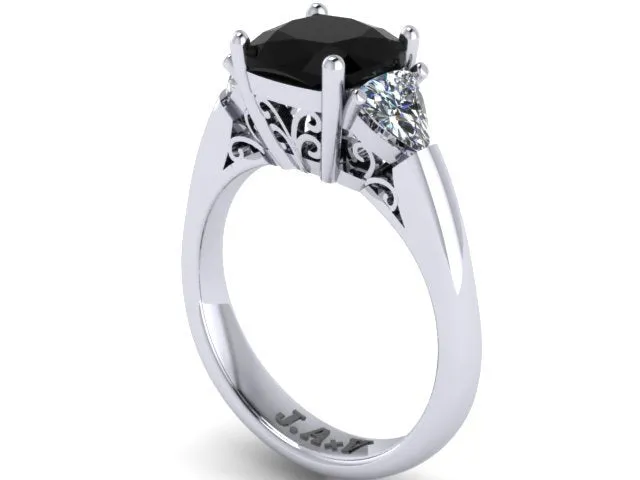 Platinum Engagement Ring Natural Cushion Cut Black Diamond Engagement Ring w/2 Trillion Cut Forever Brilliant Moissanite Side-St