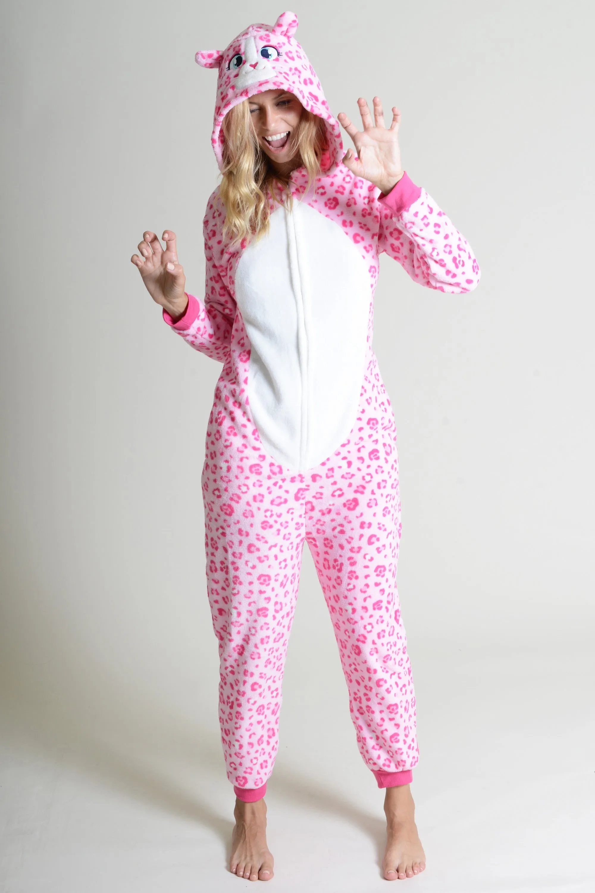 Plush Pink Leopard Animal Onesie Pajama Costume