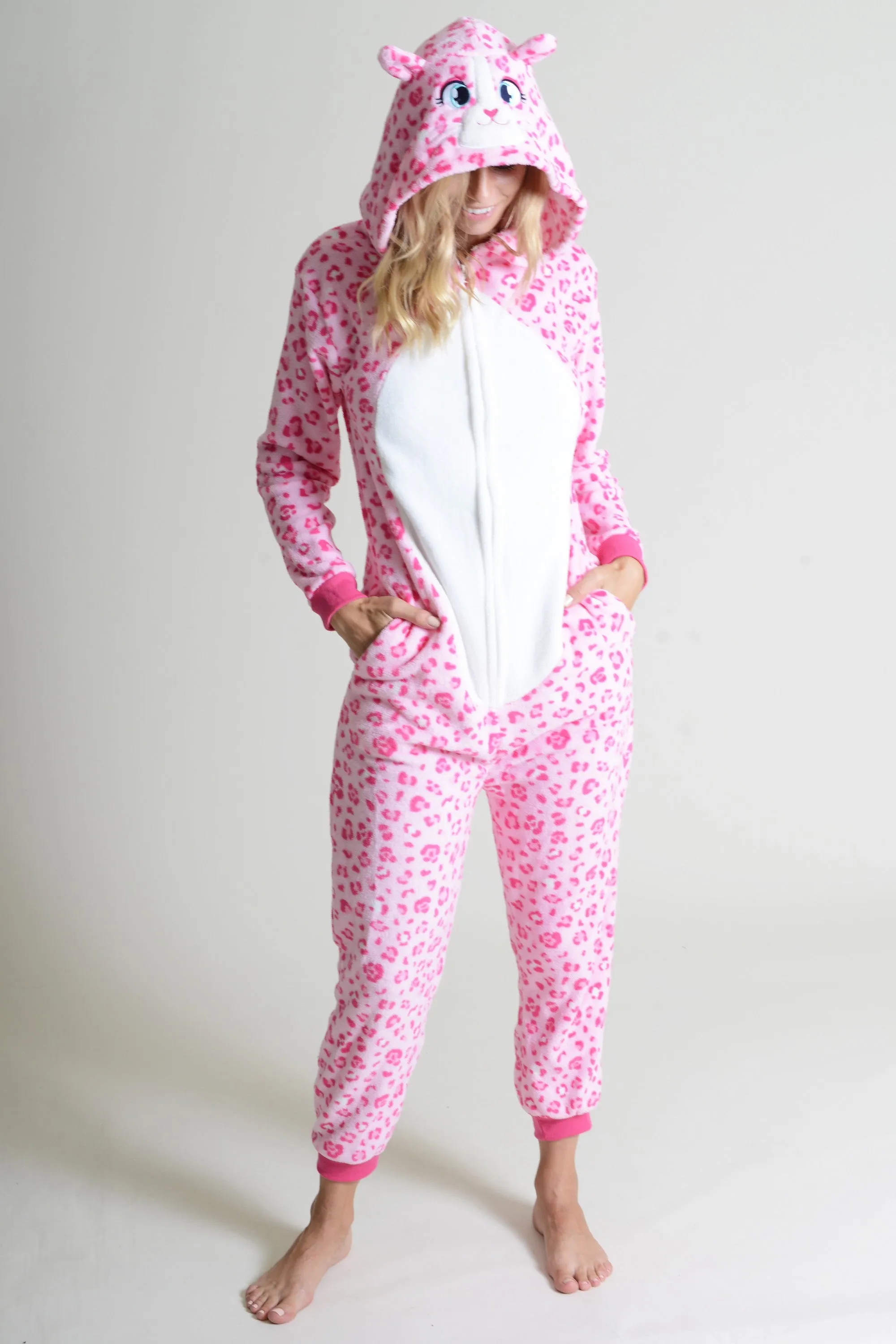 Plush Pink Leopard Animal Onesie Pajama Costume