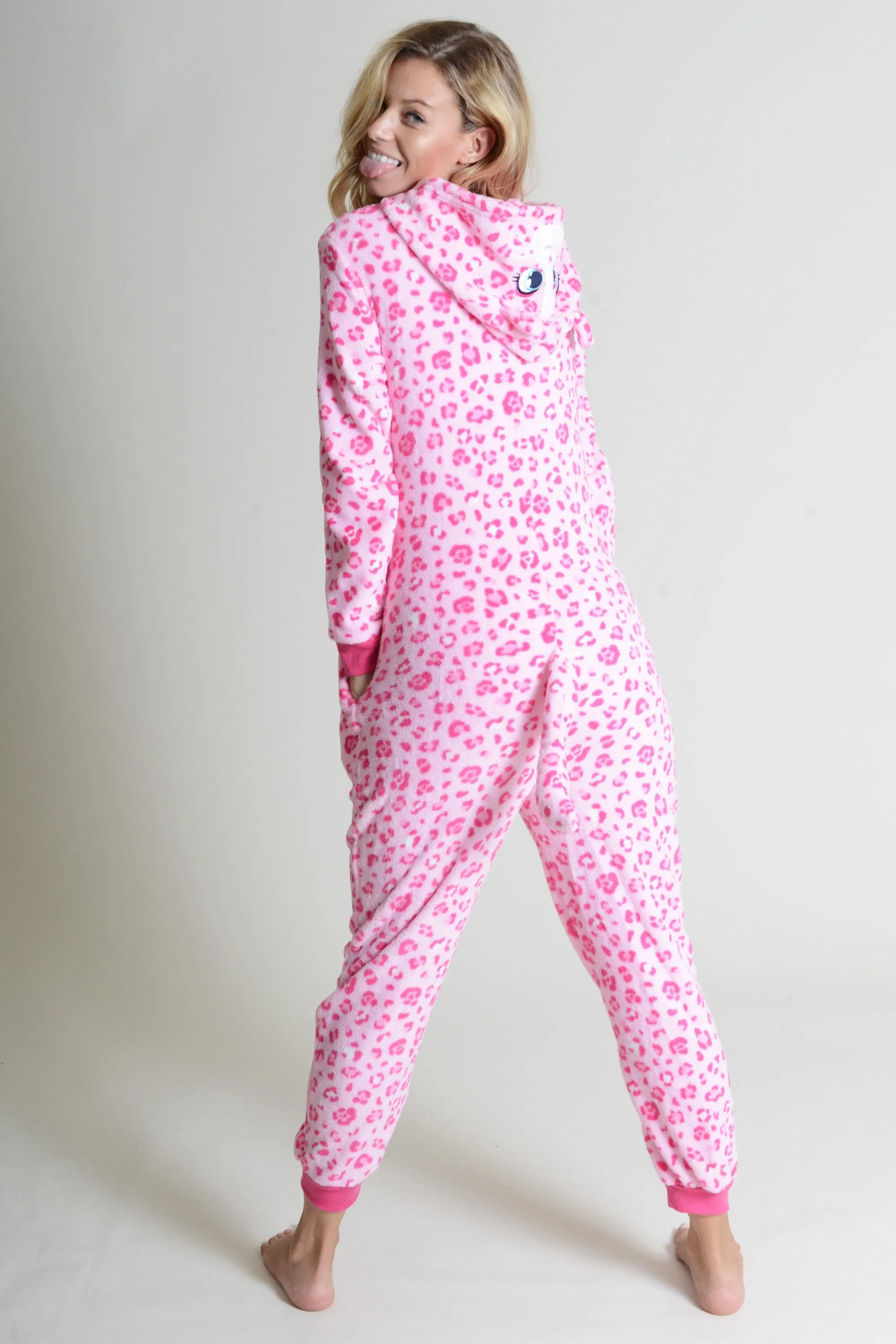 Plush Pink Leopard Animal Onesie Pajama Costume