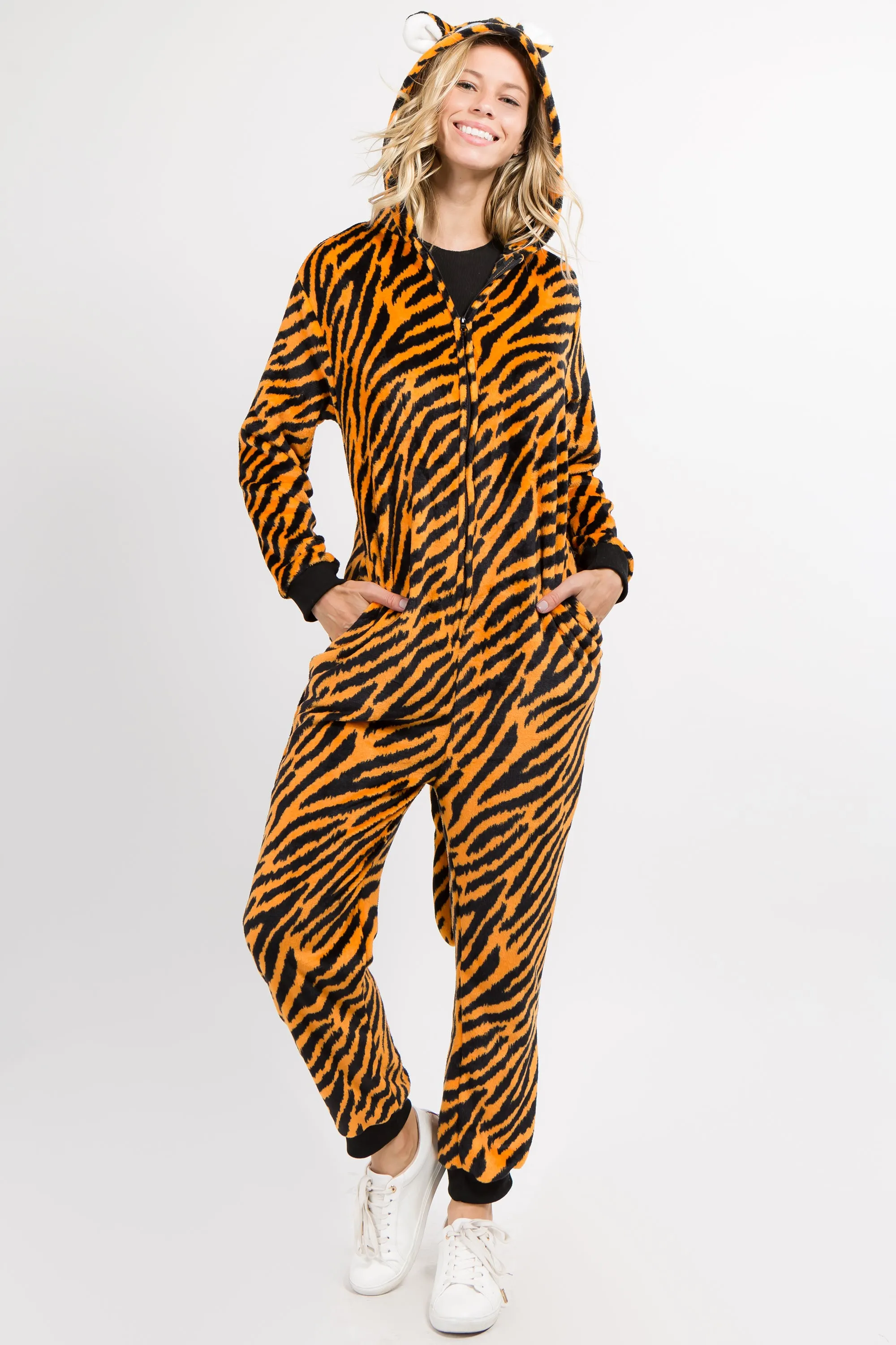 Plush Striped Tiger Animal Onesie Pajama Costume