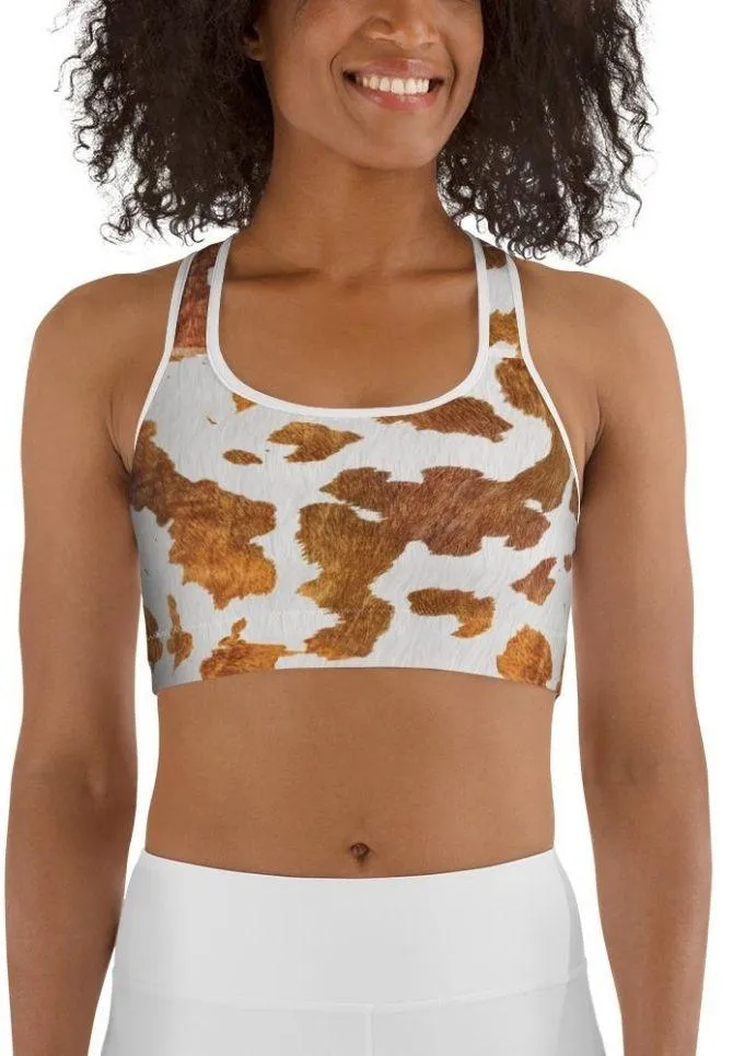 Realistic Cow Print Sports Bra