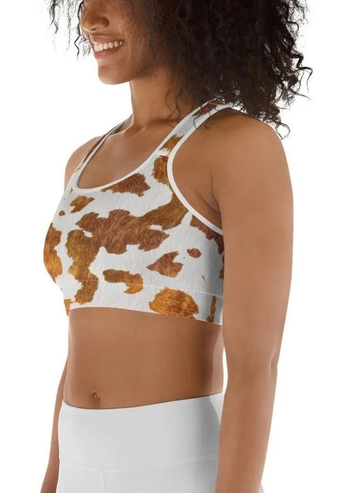 Realistic Cow Print Sports Bra