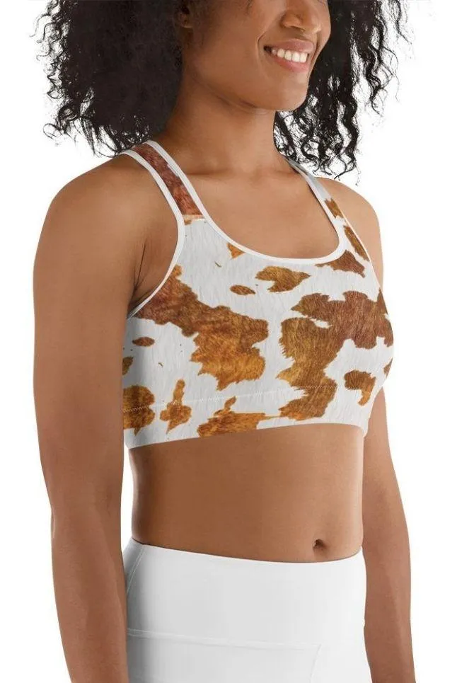 Realistic Cow Print Sports Bra