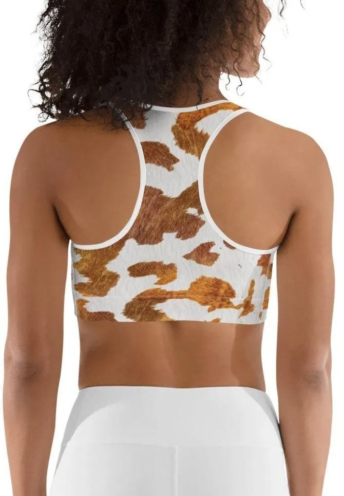 Realistic Cow Print Sports Bra